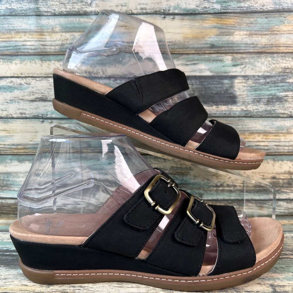 Dansko Allyson Slide Sandal Womens 7.5-/38 Black Wedge Heel 3 Hook & loop Straps